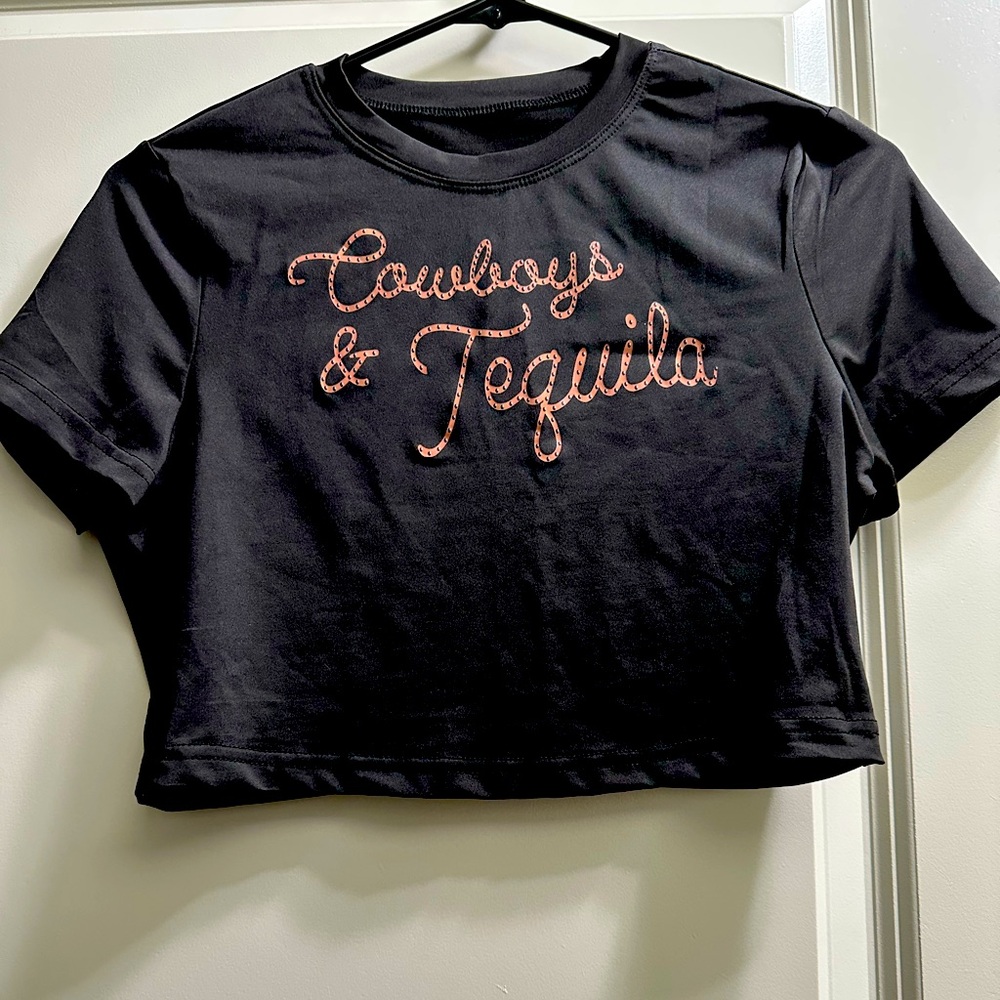 SHEIN Western Theme “Cowboys & Tequilas” Crop Top, Size Large